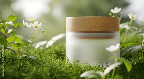 Elegant cream jar with bamboo lid in lush green meadow