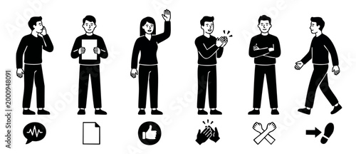 People gestures icons set, standing character collection with various poses and communicative signs, minimalist black and white line art vector illustration for business presentations and UI design el