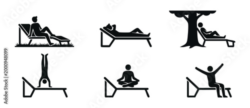 People Relaxing On Lounge Chairs Icon Set Collection For Summer Vacation Travel Symbols And Leisure Lifestyle Concepts Vector Illustration Featuring Sunbathing Yoga And Outdoor Rest Activities Design