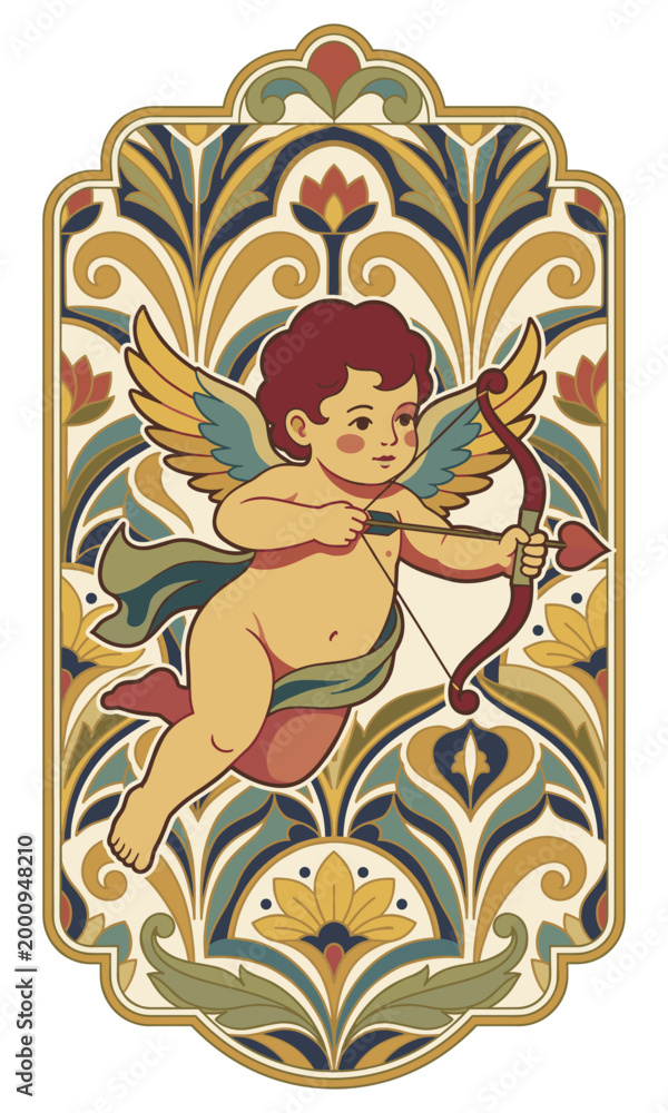 Naklejka premium Love's Arrow: A celestial cherub, arrow nocked and ready, amidst a tapestry of floral elegance, embodies the spirit of affection and romance. 