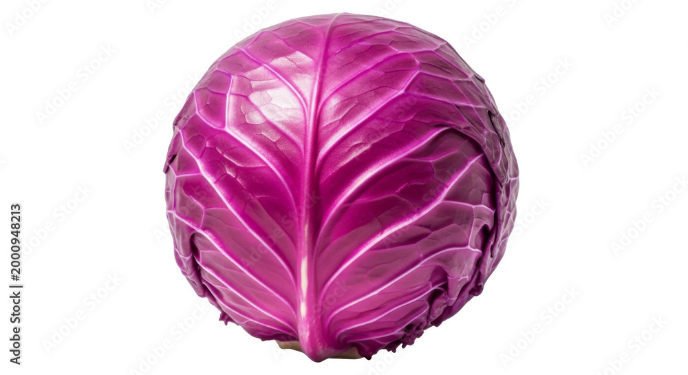 Fototapeta premium Vibrant Purple Cabbage Showcasing Its Intricate Leaf Patterns Against A Stark White Concept Delicious Food
