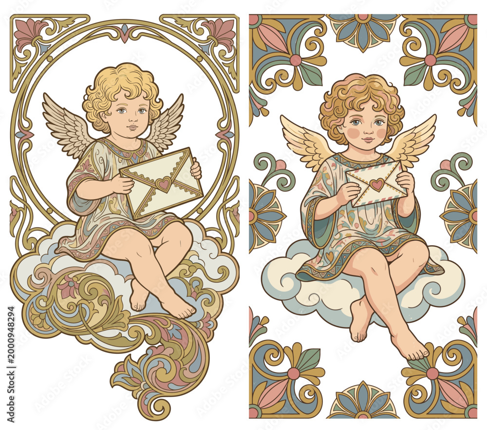 Fototapeta premium Celestial Messenger: In this illustration, a charming cupid, perched gracefully upon a cloud, delicately clutches a heart-embossed letter, ready to deliver a message of affection.