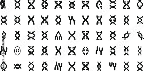 DNA strands appear as a complex series of double helix structures and genetic variations organized in a repetitive grid pattern.