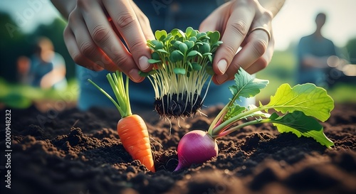 Hands planting seedlings in a garden with fresh carrots and radishes