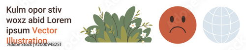 Emotional expression, nature theme, global concepts, digital elements, environment, online communication. Sad face icon, plant with flowers and a globe. Emotional expression and nature theme concept