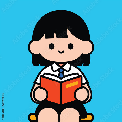 Illustration of Girl Reading Book: An illustrated girl, eyes fixated on an open book, lost in the pages as the blue background amplifies her engagement in story-telling, knowledge, and education.