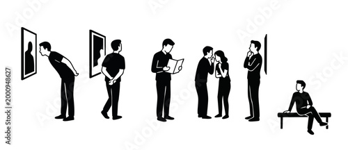 People visiting art gallery icon set, museum exhibition visitors looking at paintings and sitting on bench, flat vector illustrations of art lovers viewing artwork, cultural activities and public spac