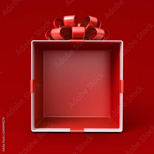 Blank gift box mockup exhibition booth products display stand showcase or opened present box tied with red ribbon bow isolated on dark red background with shadow creative idea conceptual 3D rendering