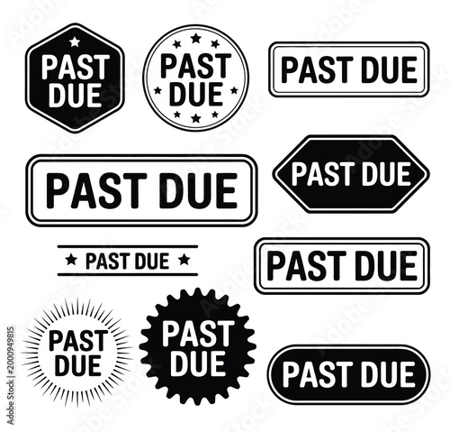 Past due overdue stamp vector collection, red ink payment warning seals including late notice, unpaid invoice marks, and billing alerts for finance, accounting, and business documentation design