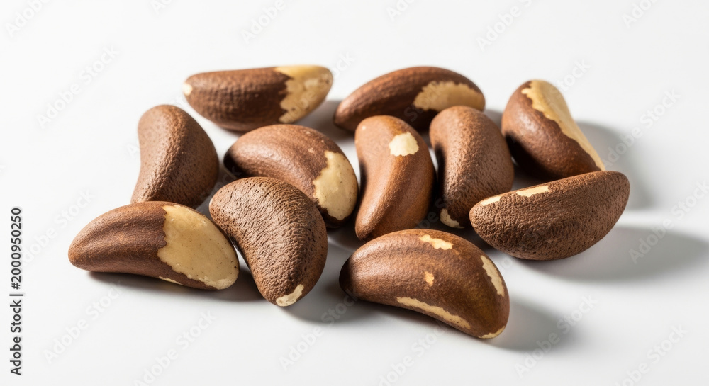 Obraz premium Close-up View of Several Brown Brazil Nuts Arranged on A White , Highlighting Their Unique Textures and Shapes Concept Delicious Food