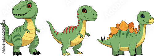 Cute cartoon dinosaur character set with different species standing poses colorful prehistoric animals vector illustration for kids