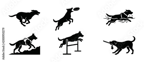 Dog silhouette icons set, active dogs running, swimming, jumping, playing with frisbee and rope, agility sports collection for pets, minimalist black vector graphics isolated on a white background des