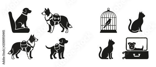Pets travel icons set, dog cat and bird silhouette collection for vacation and pet transportation services, simple black graphic symbols for pet friendly design projects, logistics and care elements.