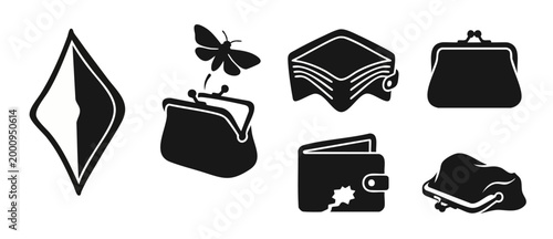 Wallet Icon Set Black Silhouette Collection, Finance and Money Concepts with Butterfly and Broken Wallet Graphic Design Symbols for Mobile Apps, Website UI, Business Infographics, and Vector Illustrat