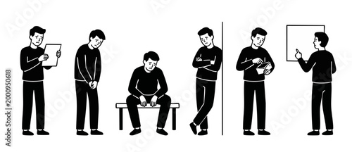 Sad man character set, feeling depressed and lonely illustrations. Unemployment, poverty, social anxiety and mental health concepts in flat outline style for infographic design elements and web layout