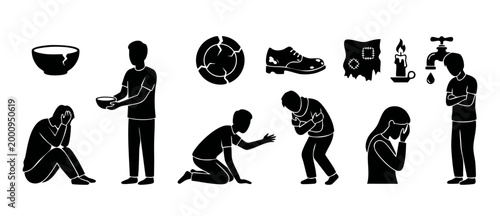 Poverty and Social Inequality Icons Set - Homeless People Struggling, Begging for Food, and Desperate Situations Conceptual Silhouette Graphics for Humanitarian Aid Awareness and Charity Projects Conc