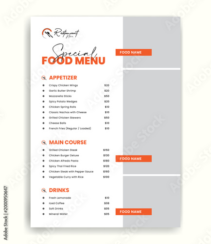 Restaurant food menu design template, white and minimal food poster design