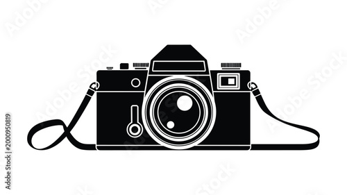 Keywords black and white vintage style camera with lens and strap