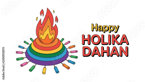 Vibrant holika dahan bonfire with colorful flames and text keywords