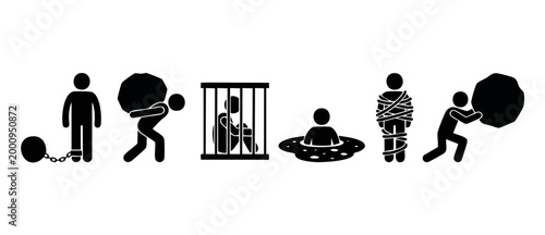 Human Struggle Icons Set, People Facing Difficult Challenges and Life Burdens, Depicting Depression, Captivity, Stress, Heavy Workload, Isolation, and Mental Health Obstacles in Minimalist Vector Styl