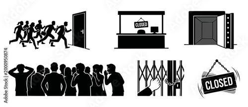 Business Bankruptcy and Financial Crisis Icons Set, Corporate Failure and Economic Collapse Concepts, People Running from Door, Vault Open, Bank Closed Signage, Recession and Market Crash Vector Graph