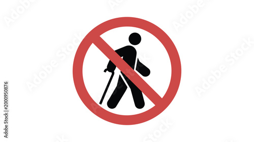Red circle with keywords black silhouette of person in wheelchair and stroller crossing out symbol