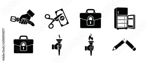 Business Icons Set Collection: Belt Tightening, Cost Cutting, Locked Briefcase, Empty Fridge, Torch and Broken Pencil Symbols for Economic and Professional Concepts in Minimalist Black Flat Style