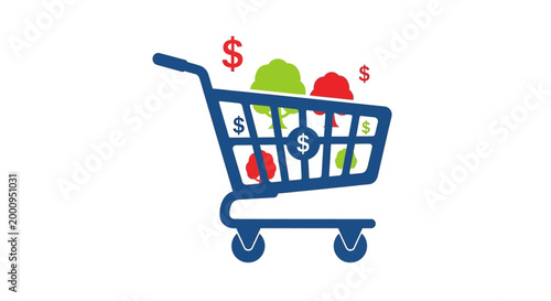 Fényképezés shopping cart filled with fruits and dollar signs silhouette high quality profes