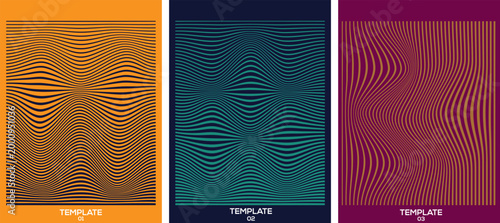 Abstract triptych vibrant wavy lines in orange teal and crimson silhouette effect