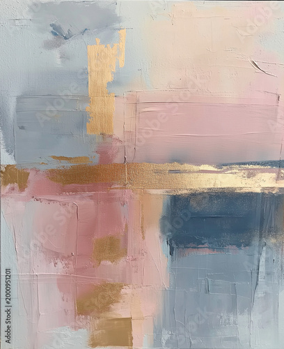 Abstract art piece with soft colors and gold accents displayed in a bright room, wall art poster