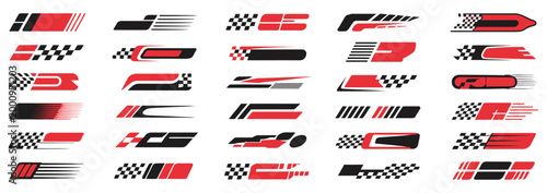 Racing car stripes and motorsport graphics set, checkered flag symbols, speed lines and tuning decals, racing and performance concept, dynamic vector illustration for automotive branding, sports event