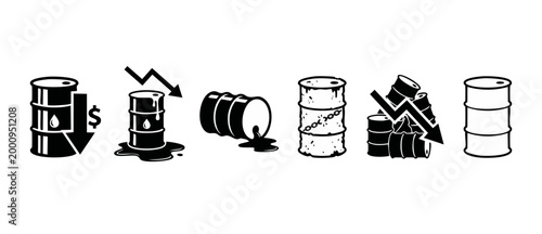 Oil Barrel Icons Set, Falling Price Graph and Leaking Petroleum Crude Oil, Industrial Vector Graphics for Financial Market Crisis, Economic Downturn, Energy Crisis, and Global Oil Industry Concepts De