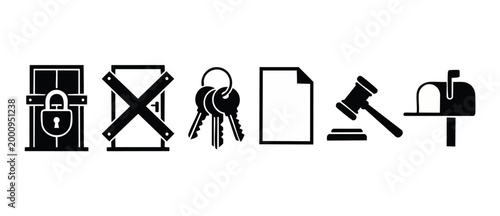 Real Estate Legal Icons Set: Padlock, Closed Door, House Keys, Document, Gavel and Mailbox. Vector set representing property law, home ownership, mortgage, legal rights, and residential housing securi