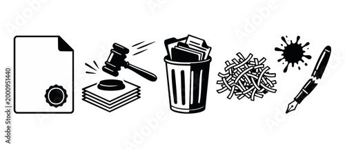 Legal Document Shredding Icon Set, Gavel With Court File, Wastebin and Broken Pen Symbol for Law Firm Bankruptcy or Termination of Contract Concept, Vector Illustration on Isolated White Background