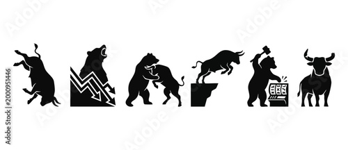 Bull and Bear Market Symbols, Stock Market Trading Icons and Financial Concept Illustrations Set, Professional Finance Growth and Recession Graphics, Vector Silhouette Business Investment Data Visuals