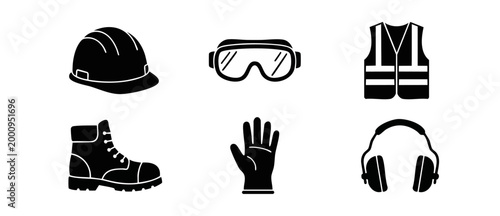 Personal Protective Equipment PPE Icons Set for Construction and Industrial Safety. Collection of Vector Hard Hat, Safety Vest, Work Boots, Goggles, Gloves, and Earmuffs for Workplace Health and Hazar