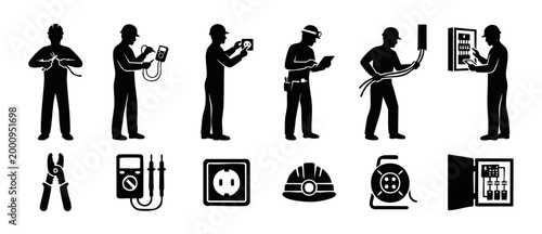 Electrician silhouettes and construction tools icon set, professional electrical installation work, repair maintenance service, voltage testing equipment, industrial worker maintenance project symbols