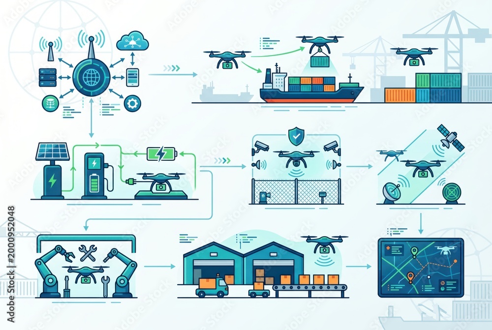 Naklejka premium Innovative Drone Logistics Ecosystem Enhancing Sustainability Through Autonomous Operations Connected to Smart Technology and Streamlined Supply Chain Management