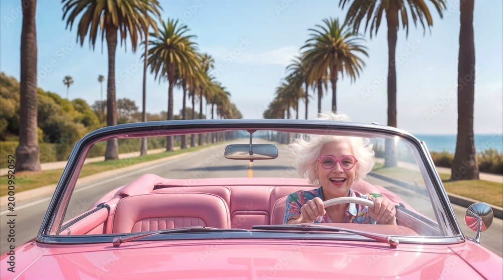 Naklejka premium Mature lady enjoying road trip in pink convertible car along palm tree lined street. Sunny vacation and retirement lifestyle concept.