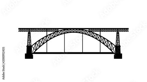 Vector silhouette of arched truss bridge with deck and piers, engineering landmark structure art