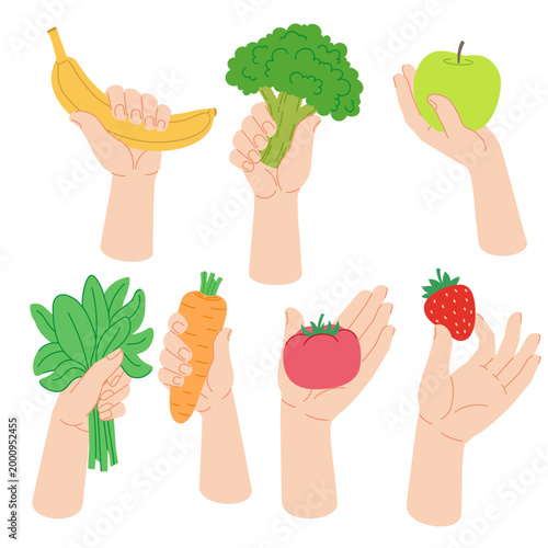 Human hands holding fruits and vegetables: carrot, strawberry, apple, tomato, spinach, broccoli, banana. Vector set of elements isolated on white background