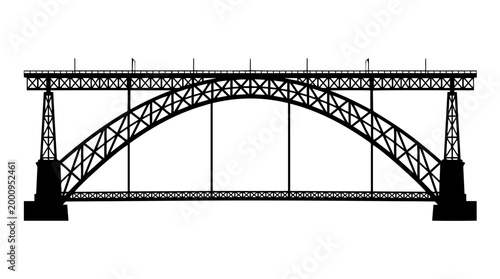 Vector silhouette of arched truss bridge with deck and piers, engineering landmark structure art