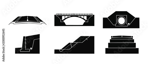 Civil Engineering Infrastructure Cross Section Icons Set - Highway, Bridge, Culvert, Retaining Wall, Embankment, Foundation Details - Construction Technical Diagrams and Structural Blueprint Symbols