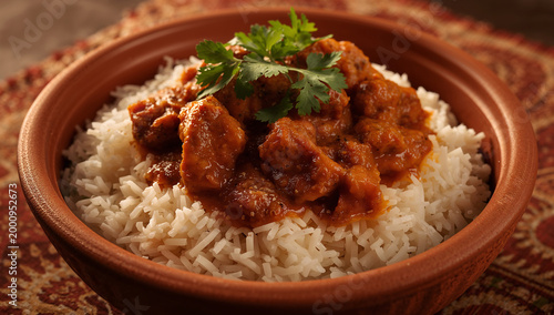 Bowl of spicy chicken curry with basmati rice with clay bowl with main course with food photography with tasty food with main dish with traditional recipe