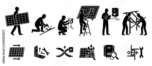 Solar Panel Installation Icons Set - Professional Technicians Working on Renewable Energy Systems, Maintenance, Wiring, and Engineering Inspection Diagrams in Black Silhouette Vector Illustration
