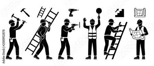 Construction worker icons set, builders with tools, ladders, and blueprints. Professional house renovation crew silhouettes in black on white background for architectural engineering business concepts