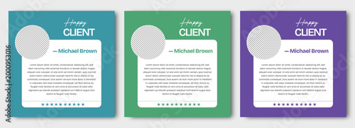 happy client testimonial template with profile circle and star rating, modern business review layout with clean card design in blue green purple colors for feedback 