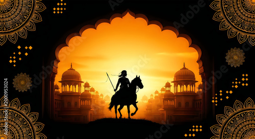 Warrior riding a horse at sunset with indian palace silhouettes and traditional mandala patterns