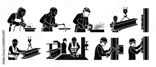 Industrial Construction Workers Icons Set - Welding, Cutting, Lifting Steel Beams and Engineering Tasks for Metalworking, Manufacturing and Factory Maintenance Projects in Flat Black Minimalist Style