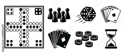 Board Games and Casino Icons Set - Ludo Board, Playing Cards, Dice, Poker Chips, and Hourglass Symbols for Gaming, Gambling, and Family Activity Concepts, Black Vector Illustrations on White Backgroun